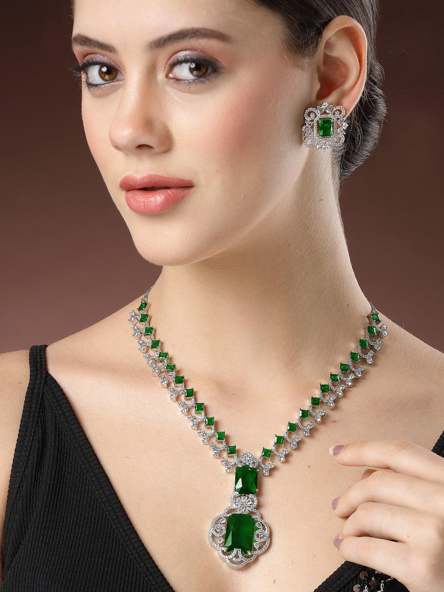 Silver Tone Green American Diamond Studded Necklace Set for Women