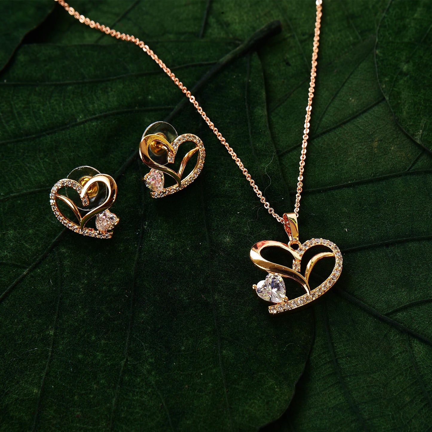 Stylish 18k Rose Gold Plated American Diamond Chain Pendent Necklace & Earrings Set for Women & Girls, Luxury AD Pendant Gift Set for Women, Girls & Her