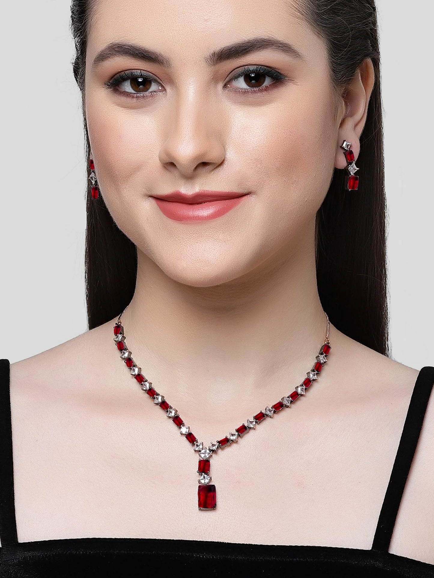 Pink American Diamond Studded Rose Gold Plated Necklace Set for Women