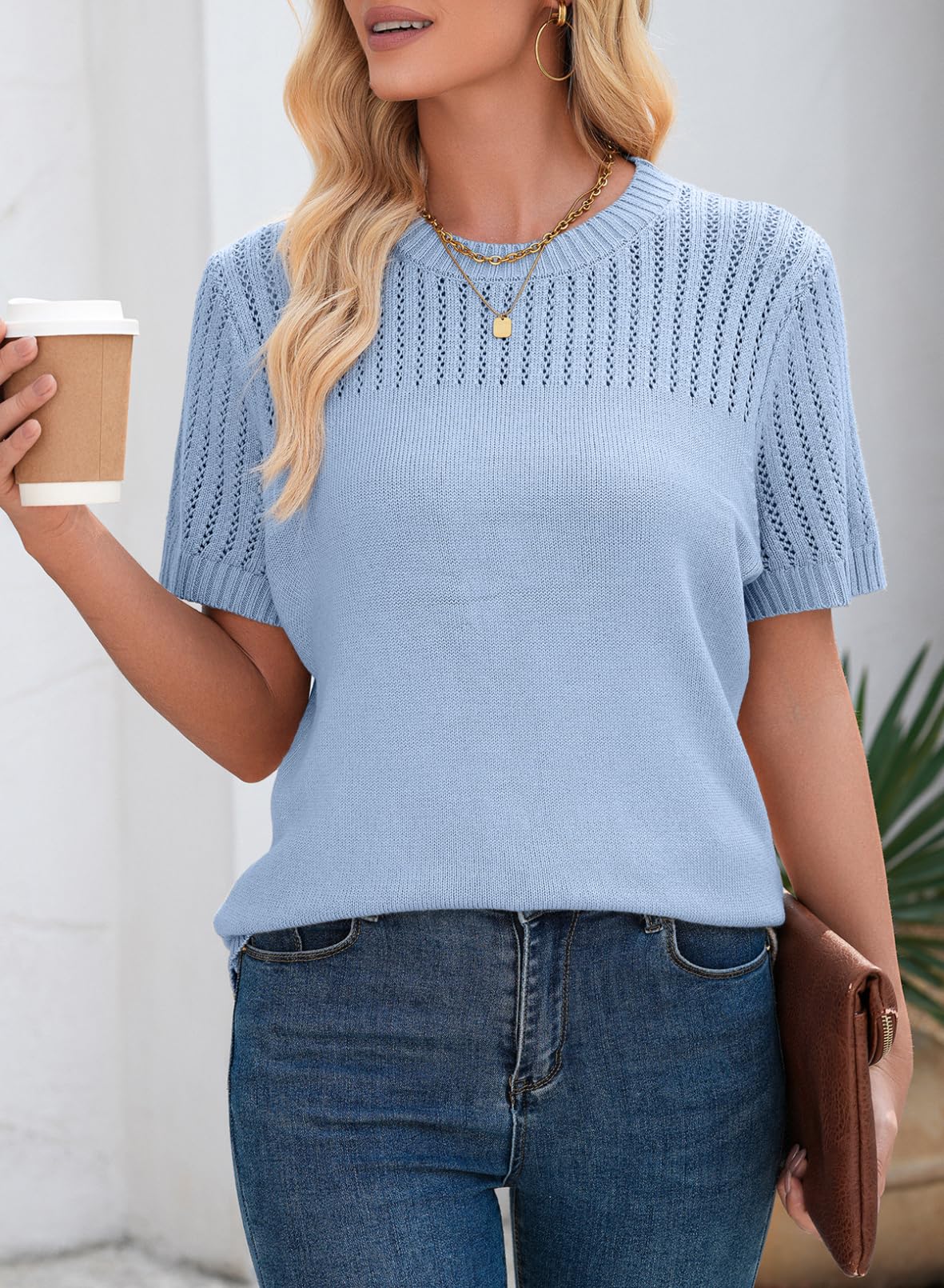 Tops Dressy Casual Crewneck Short Sleeve Shirts Solid Hollow Out Knit Loose