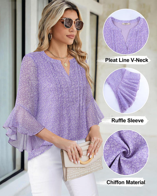 Women's 3/4 Sleeve Tops Dressy Casual Business Work Chiffon Office Shirts