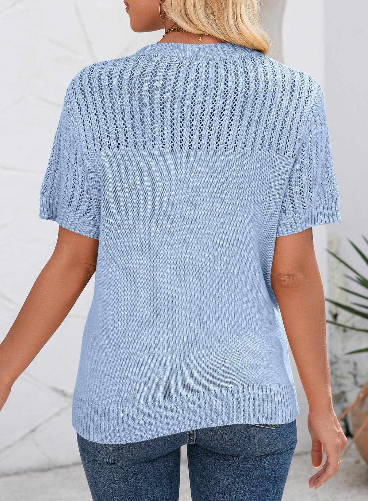 Tops Dressy Casual Crewneck Short Sleeve Shirts Solid Hollow Out Knit Loose