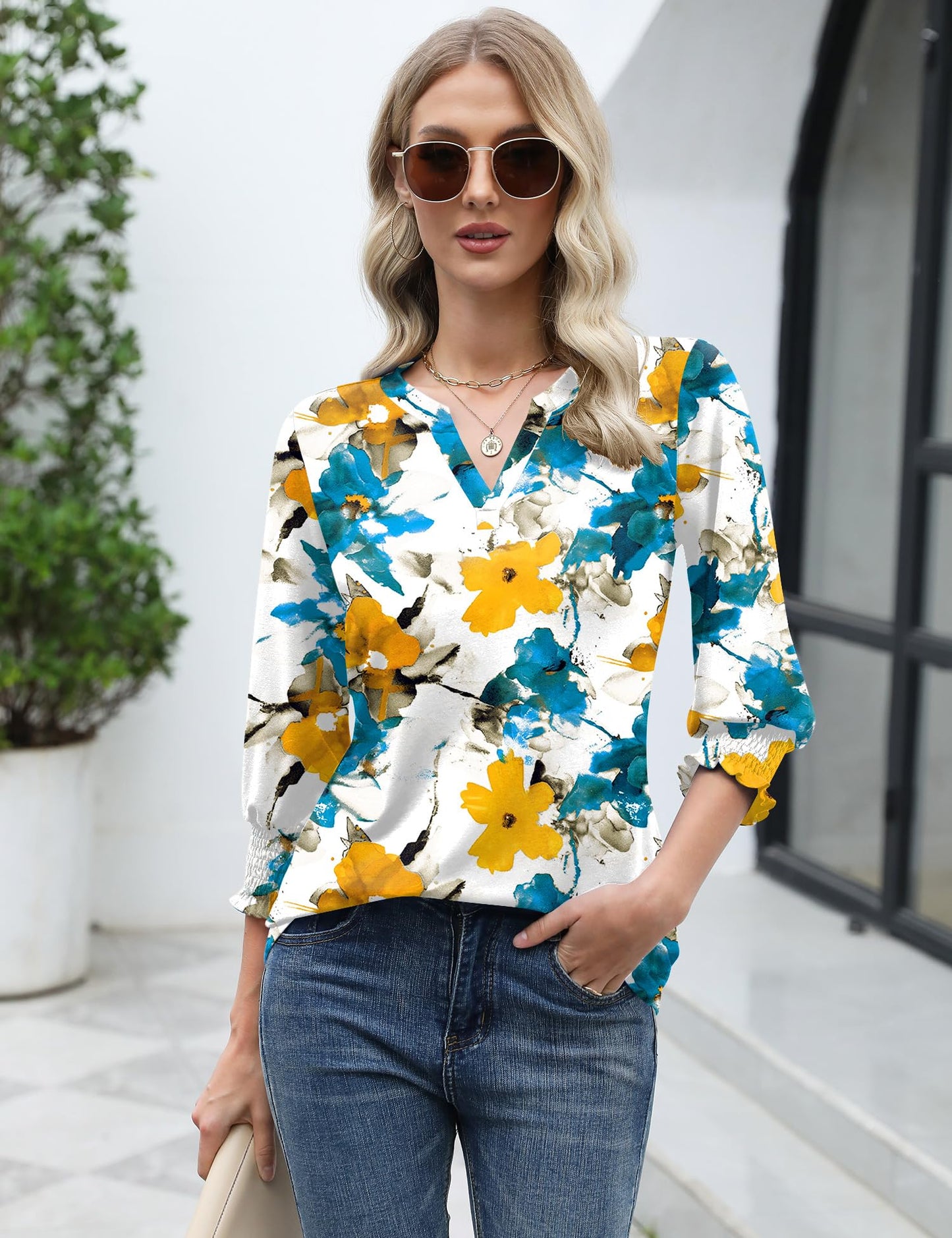 Women's V Neck 3/4 Sleeve T Shirts Casual  Summer Tees Shirts