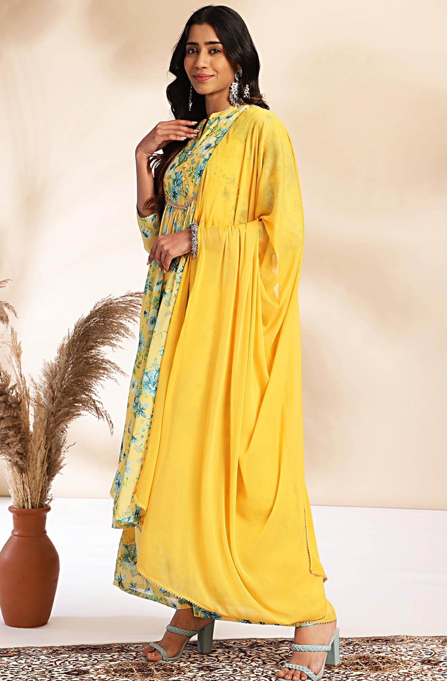 Yellow Flowy Floral Print Kurti
