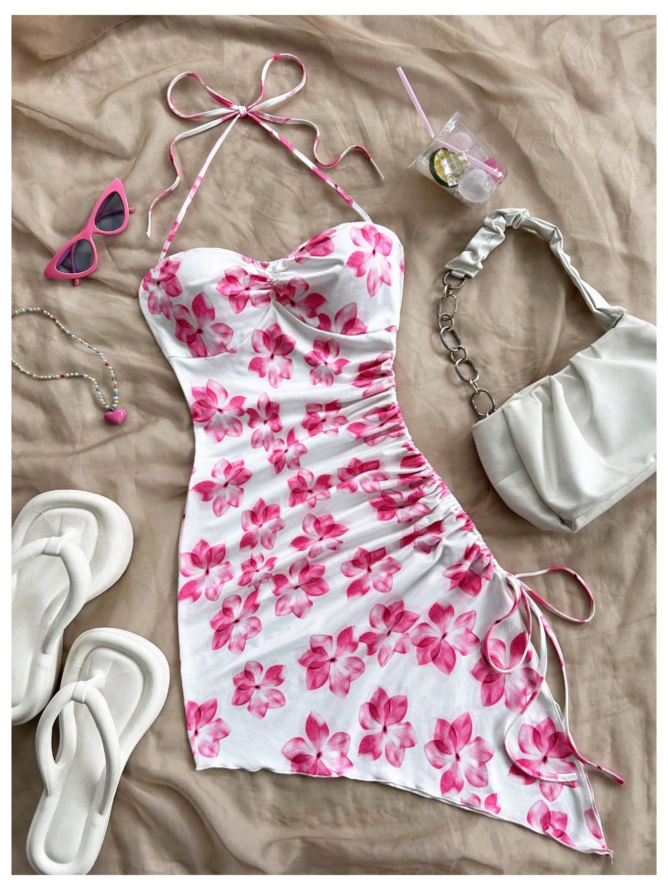Floral Print Halter Dress Sleeveless Drawstring Asymmetrical Hem Bodycon Dress