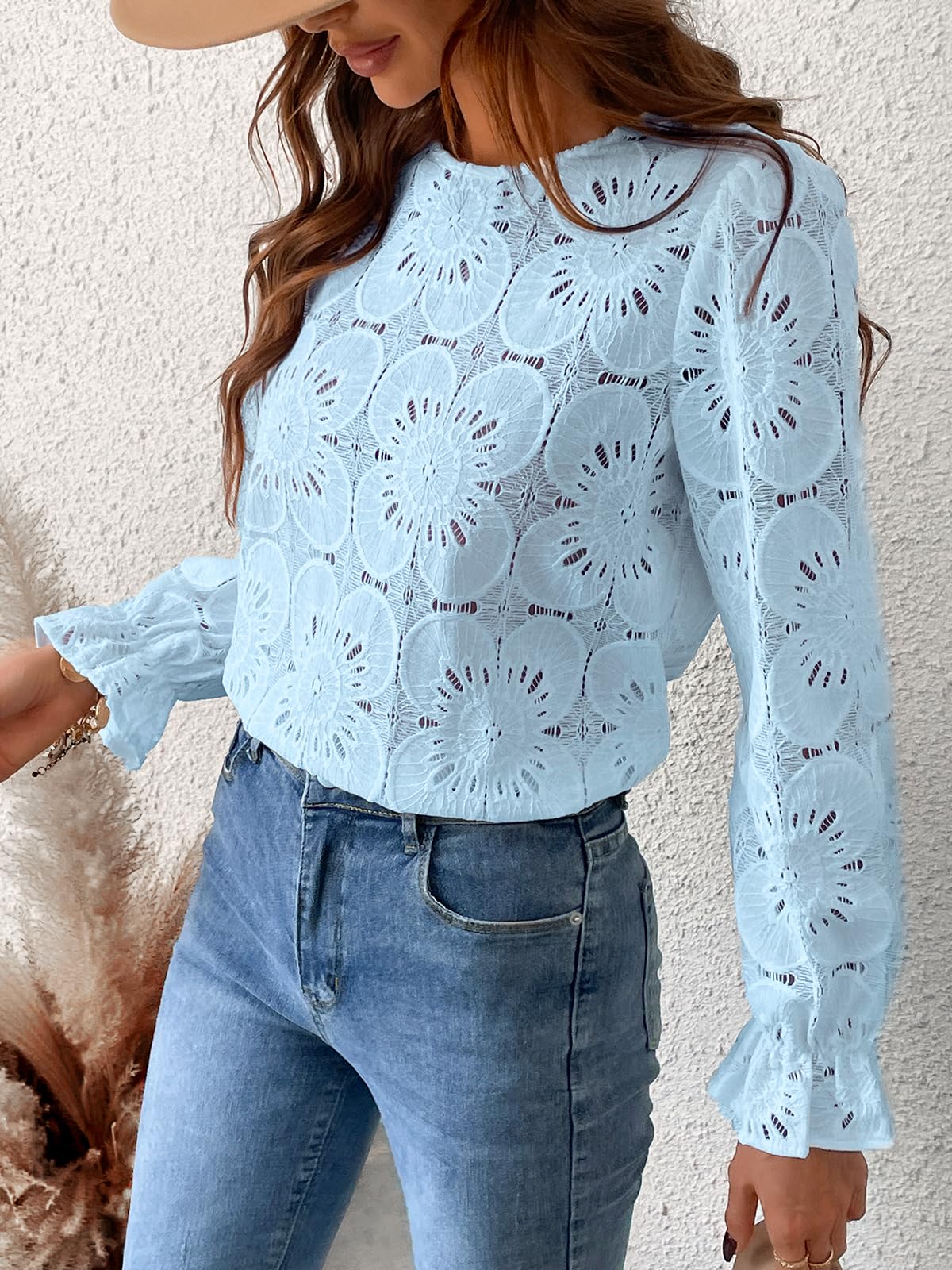 Women Eyelet Long Sleeve Tops Shirts Dressy Hollow Out Crochet Lace Embroidered