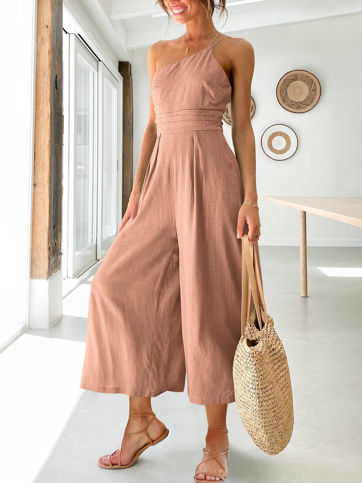 Straps One Shoulder Smocked Pleated Waist Casual Wide Leg Jumpsuit Romper with Pockets