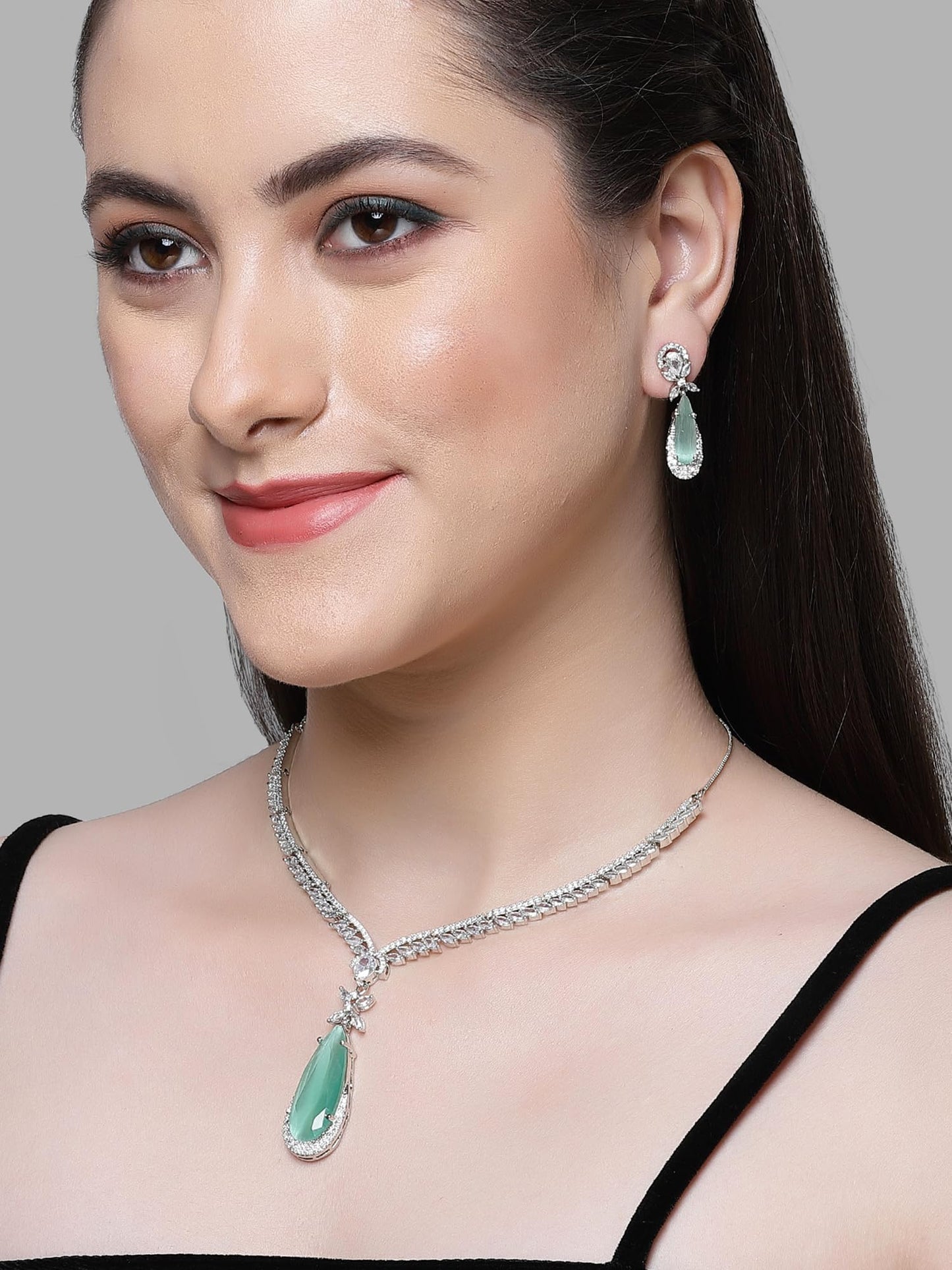 Silver Tone Blue Drop Shape American Diamond Studded Jewellery Set for Women