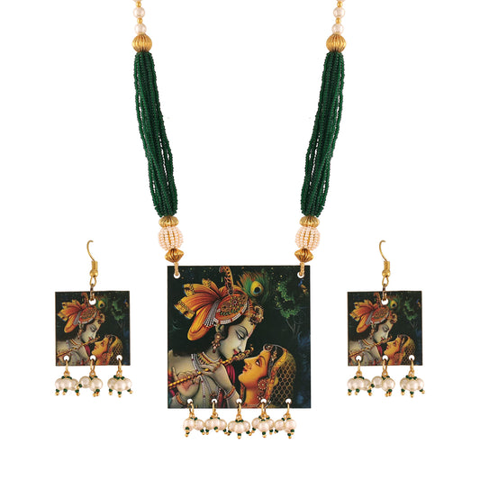 Stylish Navratri Portrait Handpainted Wooden Pearl Necklace Jewellery With Earrings Set