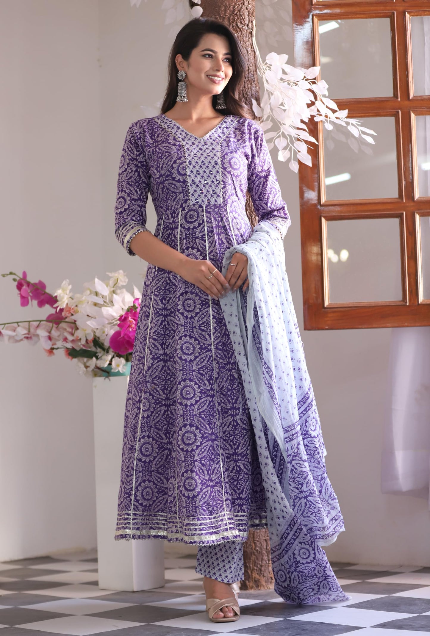 Cotton Anarkali Kurti Pant Set with Dupatta