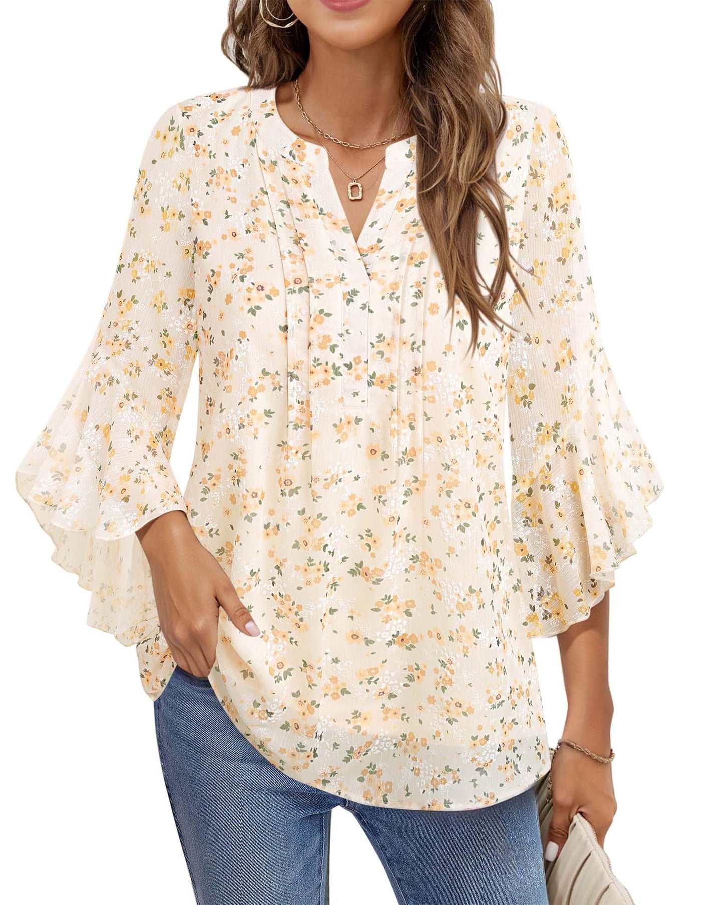 Women's 3/4 Sleeve Tops Dressy Casual Business Work Chiffon Office Shirts
