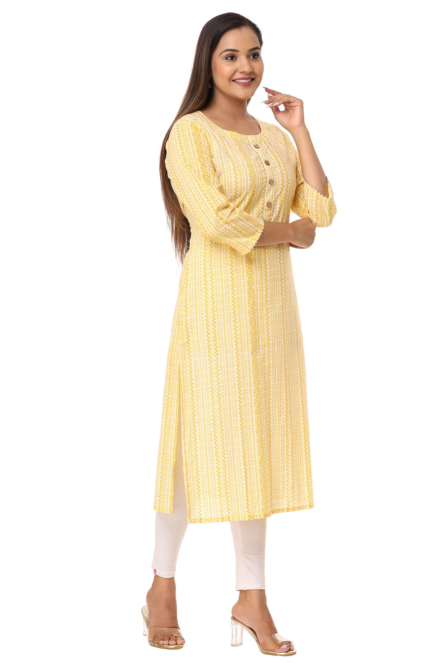 Leheriya Printed Casual Women Kurti yellow Tunic Top