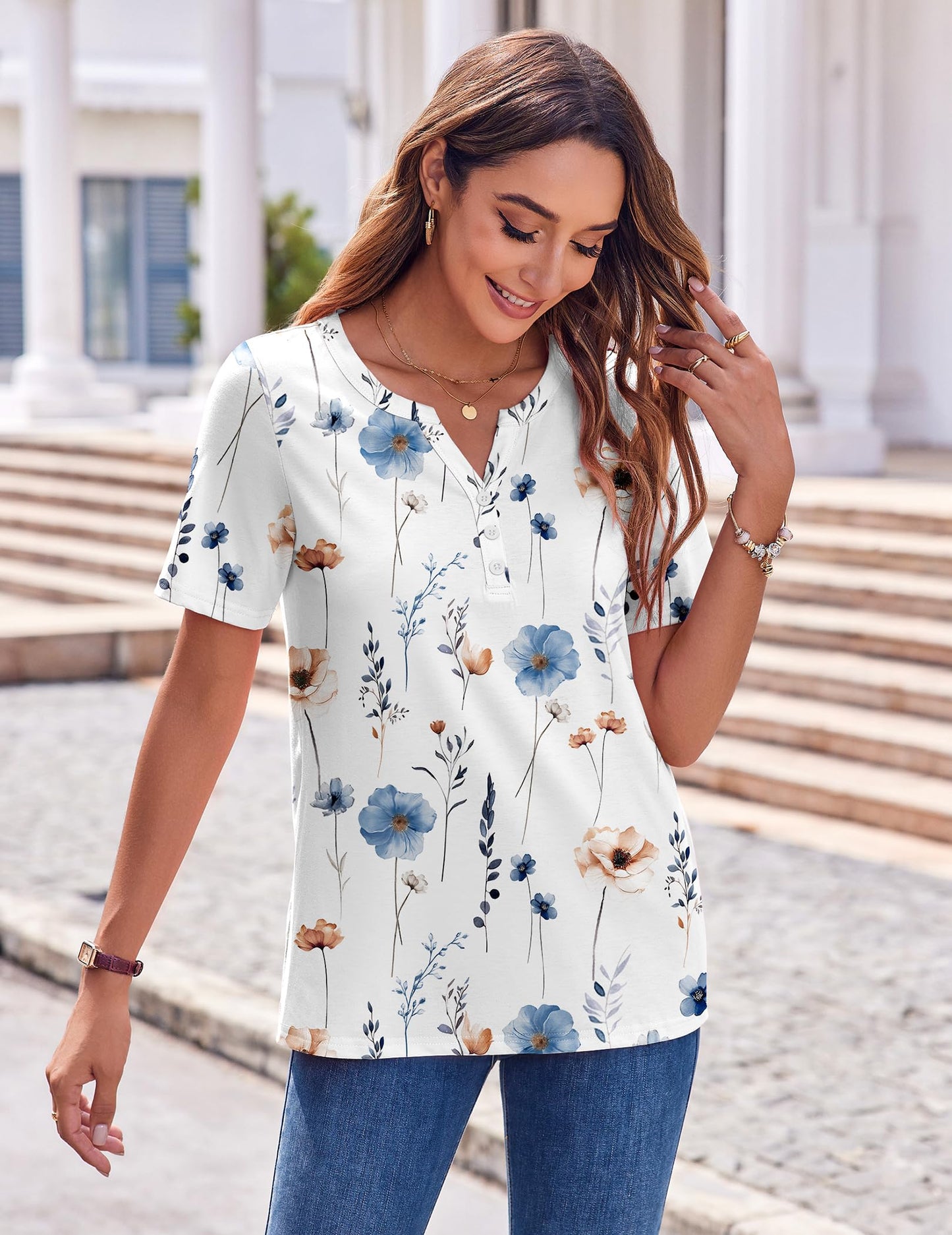 Womens Summer Tops Casual Short Sleeve V Neck Shirts