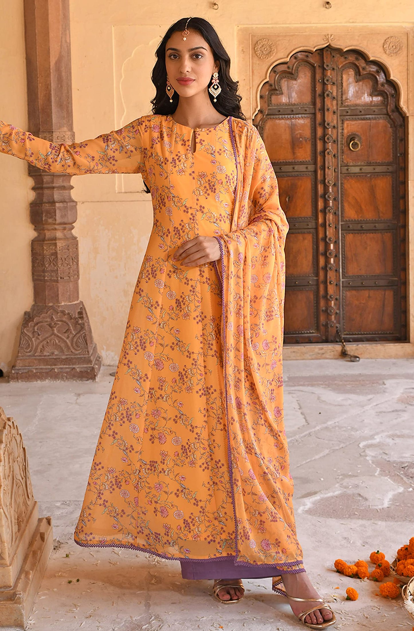 Yellow Flowy Printed Kurti Festive Evening wear Kurta Set with Dupatta