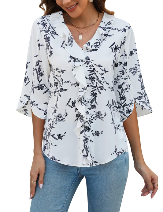 Dressy Casual  3/4 Sleeve V Neck Ruffle Tops