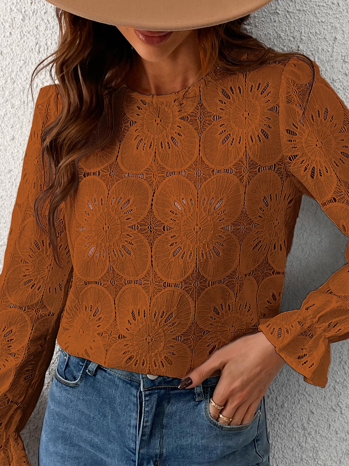 Women Eyelet Long Sleeve Tops Shirts Dressy Hollow Out Crochet Lace Embroidered