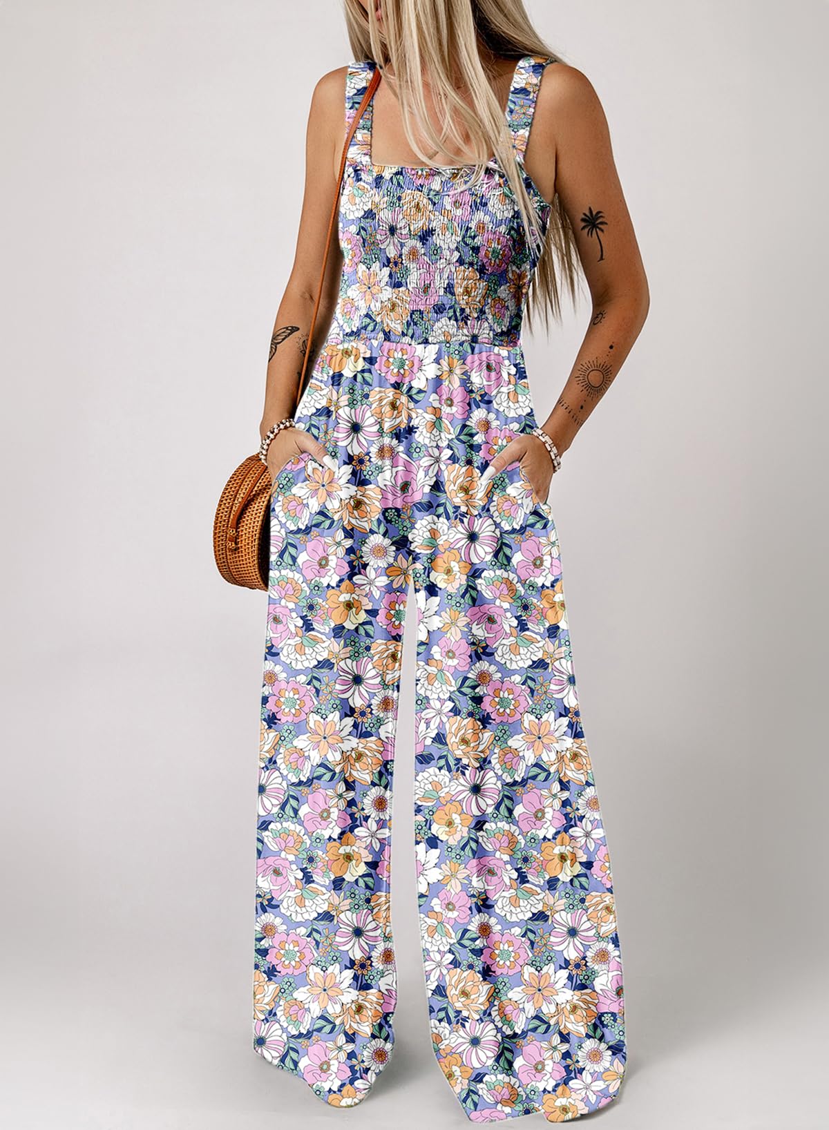 Sleeveless Jumpsuits Stretchy Wide Leg Long Pant
