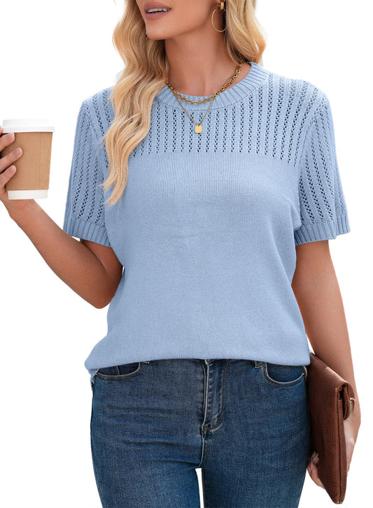 Tops Dressy Casual Crewneck Short Sleeve Shirts Solid Hollow Out Knit Loose