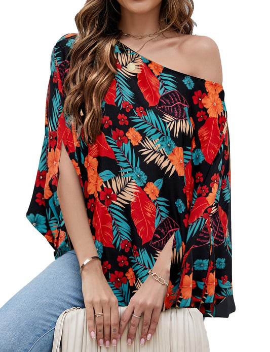 Off The Shoulder Flowy Tops Casual Batwing Sleeves Loose Chiffon Shirts