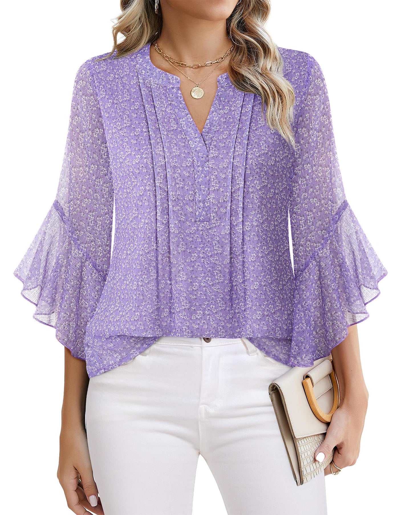 Women's 3/4 Sleeve Tops Dressy Casual Business Work Chiffon Office Shirts