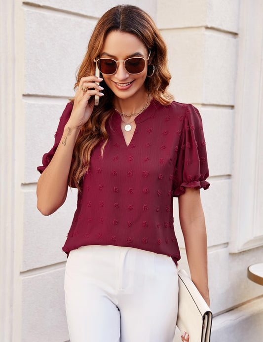 Women's Puff Sleeve Casual Tops Fashion White Polka Dot