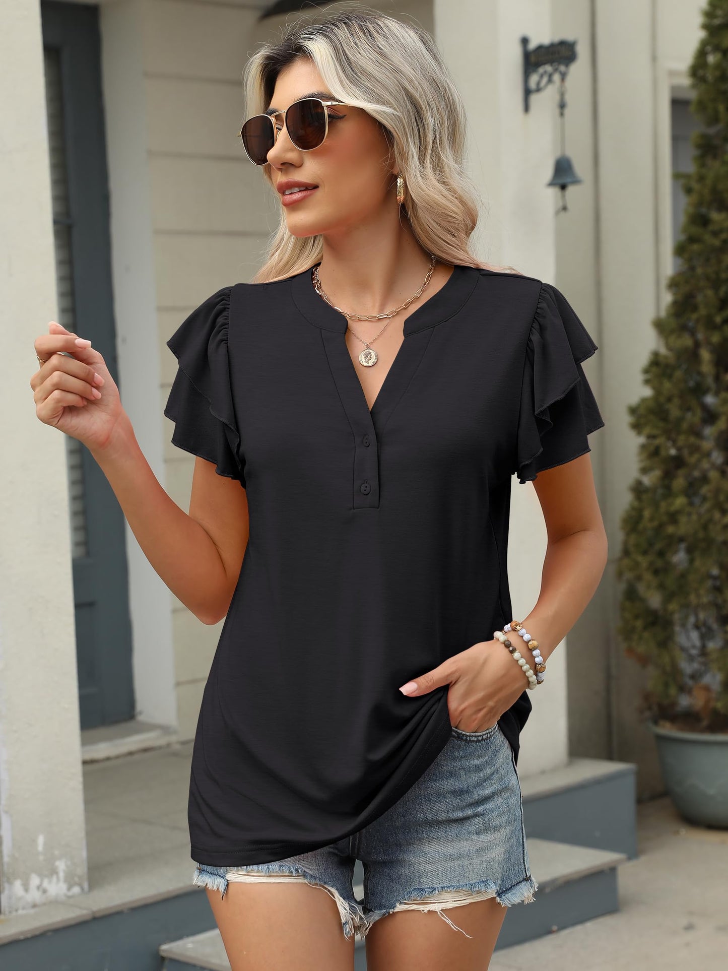 Womens Tops Dressy Casual Ruffle Short Sleeve V Neck