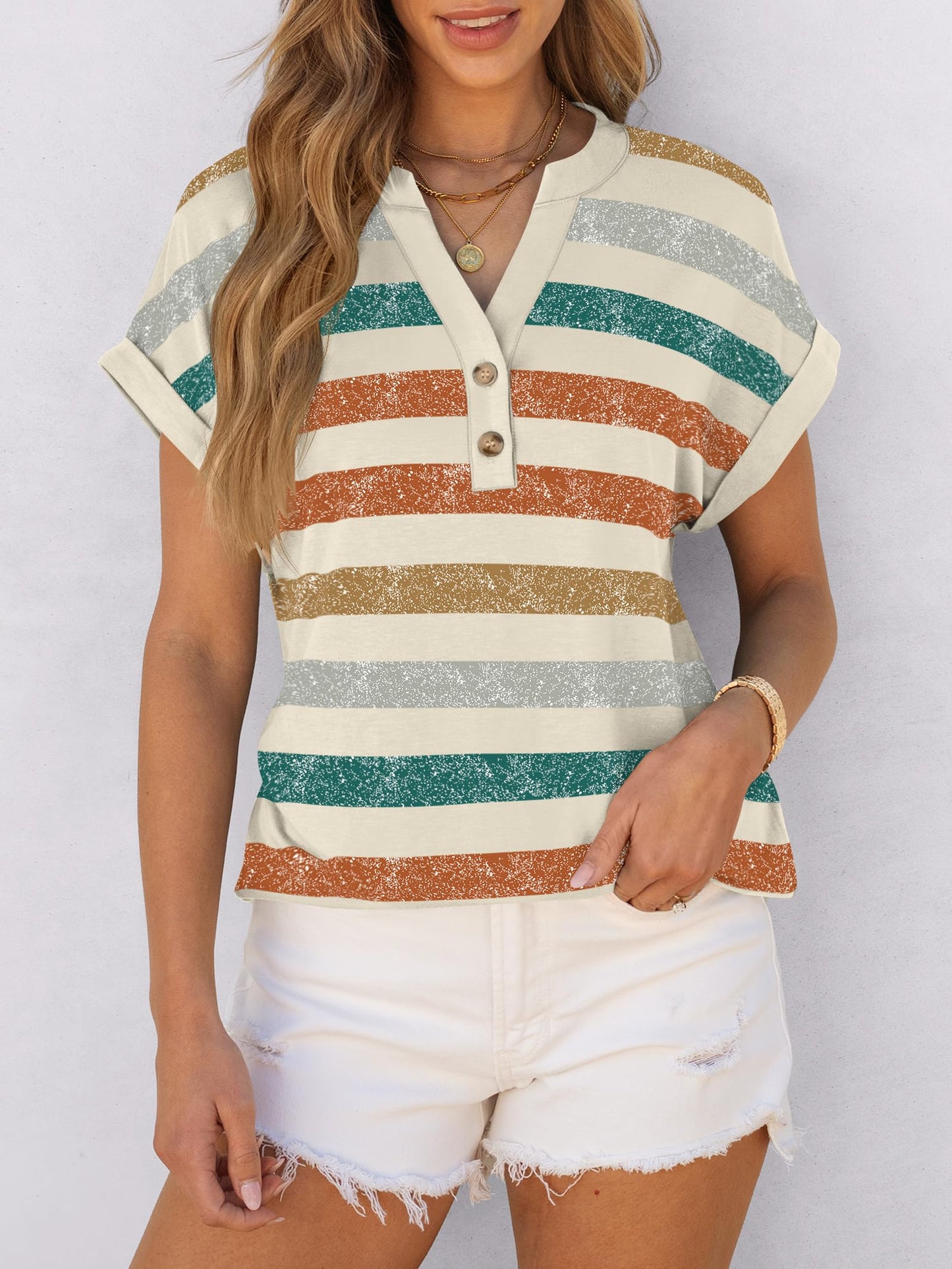 Short Sleeve Henley Tops V Neck Dressy Casual Loose Fit Shirts