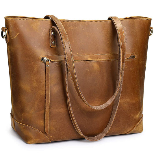 Vintage Genuine Leather Shoulder Laptop Bag Work Totes for Women Purse Handbag with Back Zipper Pocket