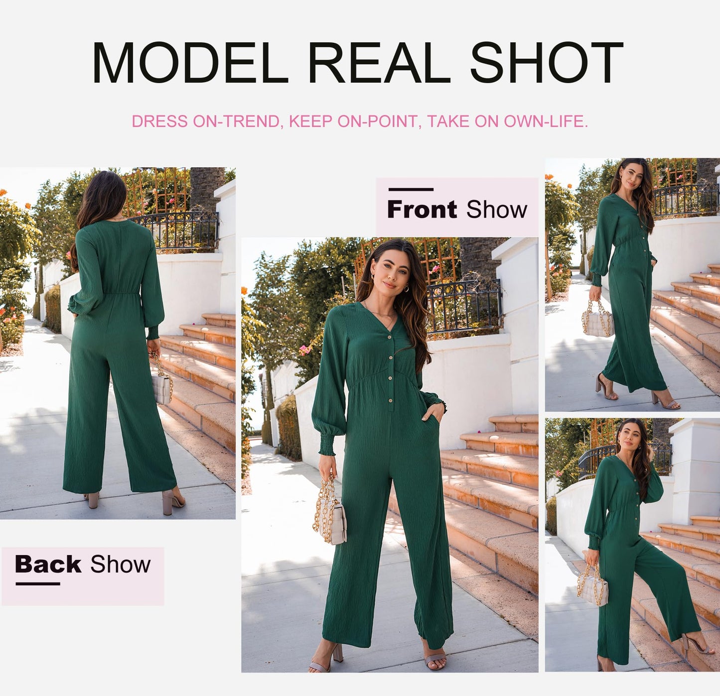 V-Neck Buttons Long Sleeve High Waist Wide Leg Jumpsuits Loose Long Pants Rompers with Pockets Rose Large