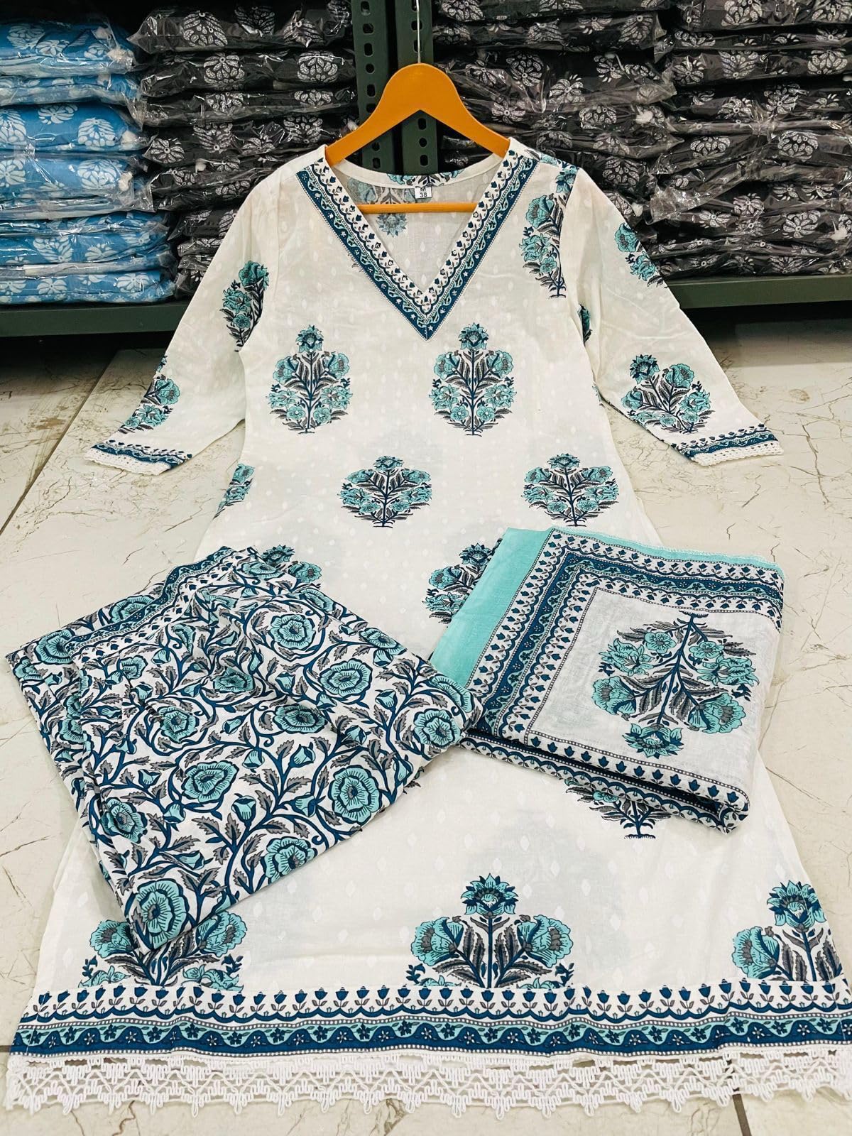 Cotton Indigo Hand Block Printed Kurta Pant With Dupatta