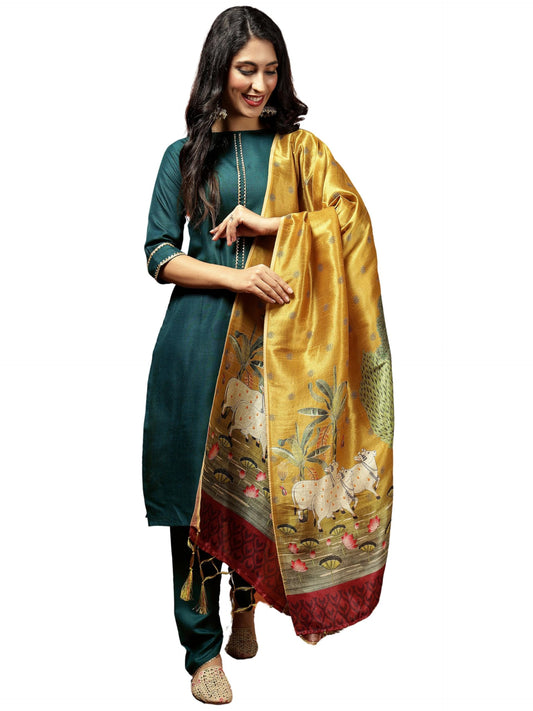 Cotton Blend Straight Kurta Pant with Print Dupatta