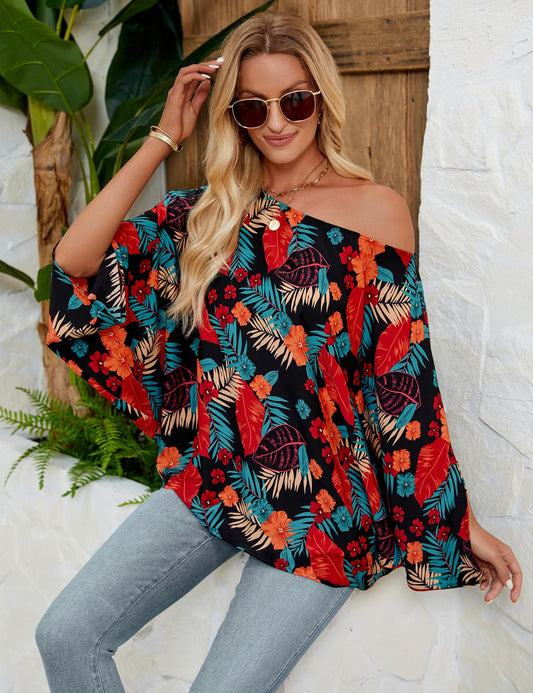 Off The Shoulder Flowy Tops Casual Batwing Sleeves Loose Chiffon Shirts