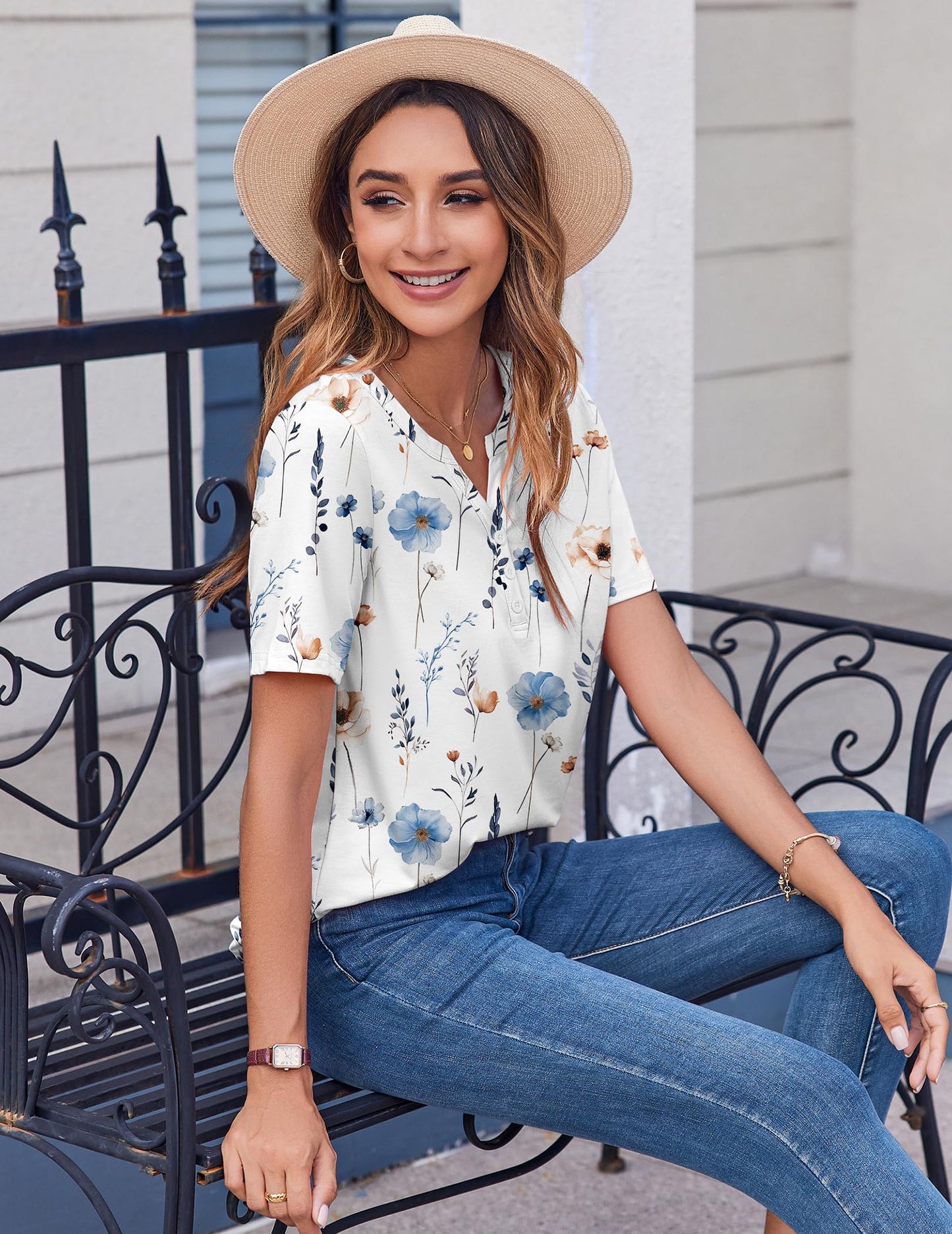 Womens Summer Tops Casual Short Sleeve V Neck Shirts
