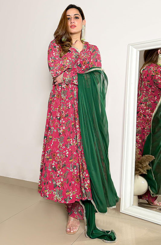 Flowy Floral Printed Kurti Festive Wedding Party wear KurtI with Pant and Dupatta Pink