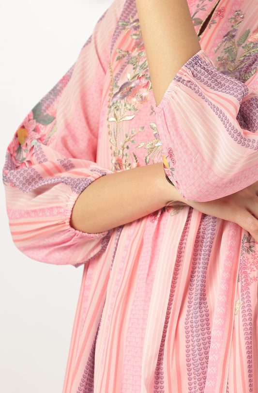 Pink Embroidered Balloon Sleeve Festive Calf Length Kurti Set