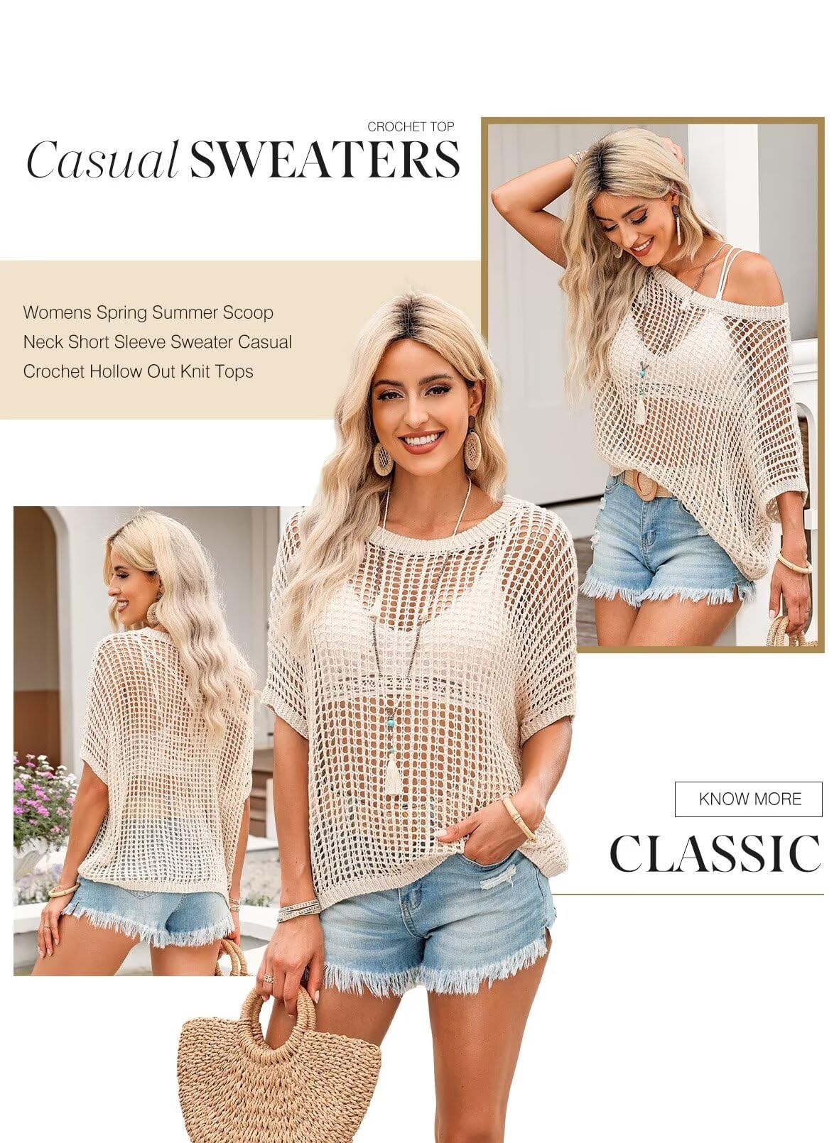 Summer Scoop Neck Short Sleeve Sweater Casual Crochet Hollow Out Knit Tops Pullover Shirts Beach Coverup