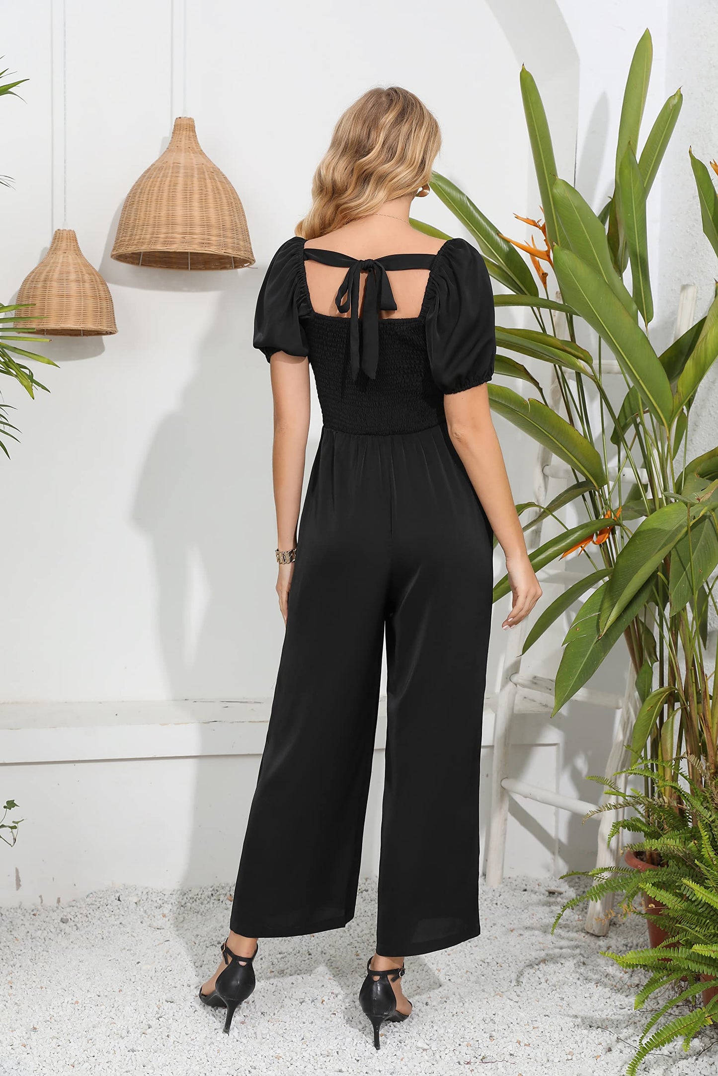Jumpsuits for Women Dressy, casual Loose Romper with Short Sleeve, Smocked High Waist Wide Leg Pants Outfits