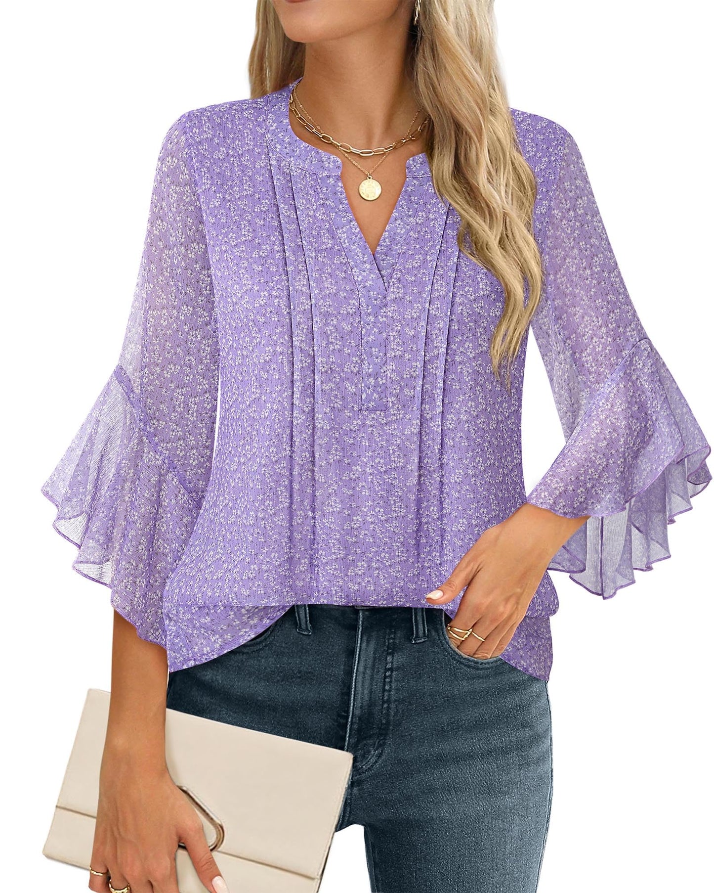 Women's 3/4 Sleeve Tops Dressy Casual Business Work Chiffon Office Shirts
