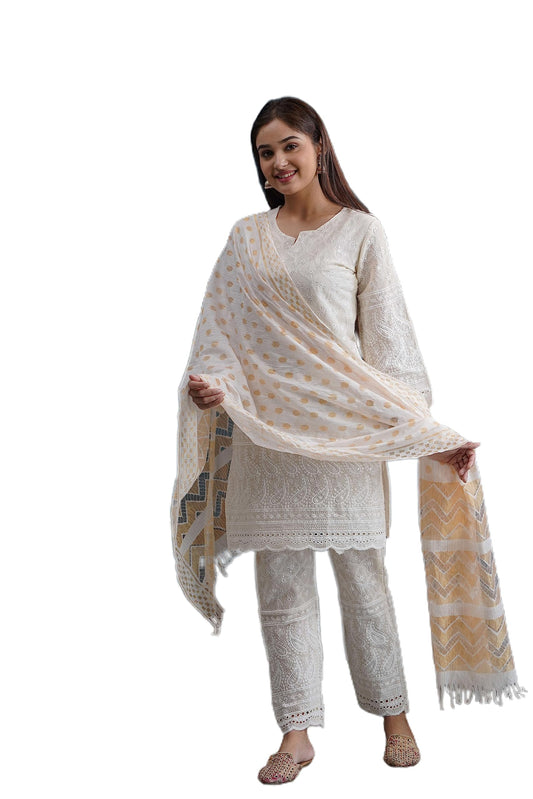 Chikankari Kurtis Set Cream White Kurti Pant & White Color Dupatta Set