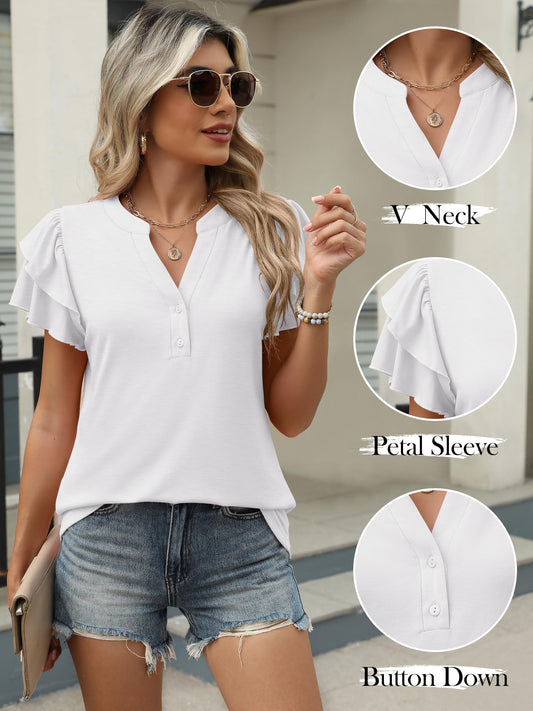 Womens Tops Dressy Casual Ruffle Short Sleeve V Neck