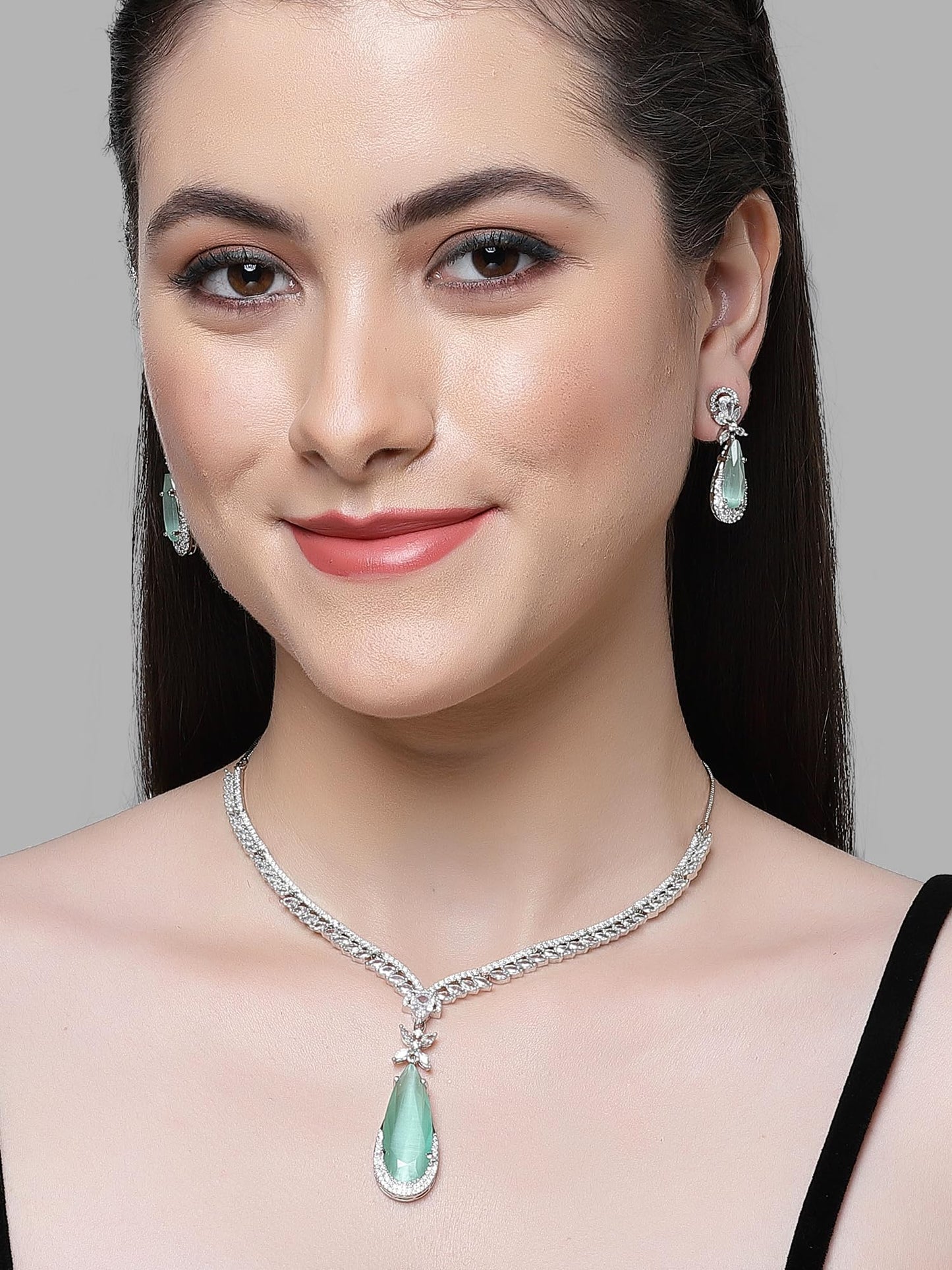 Silver Tone Blue Drop Shape American Diamond Studded Jewellery Set for Women