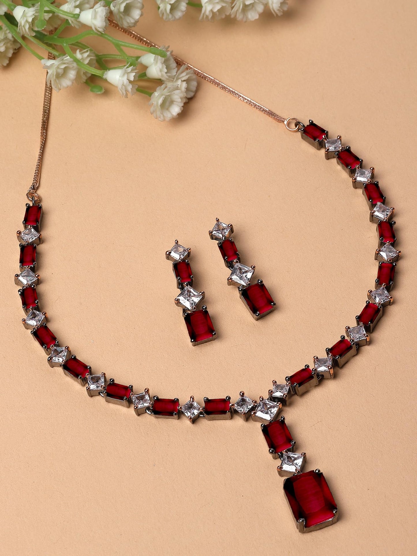 Pink American Diamond Studded Rose Gold Plated Necklace Set for Women