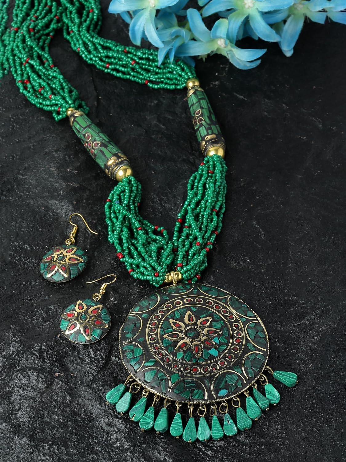 Latest Stylish Traditional Tibetan Pendant Necklace Jewellery Set