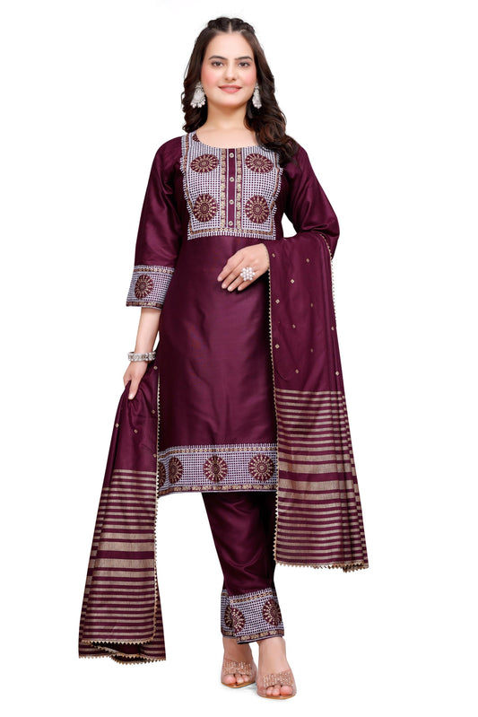 Embroidered Traditional Kurti,Pant & Dupatta Set