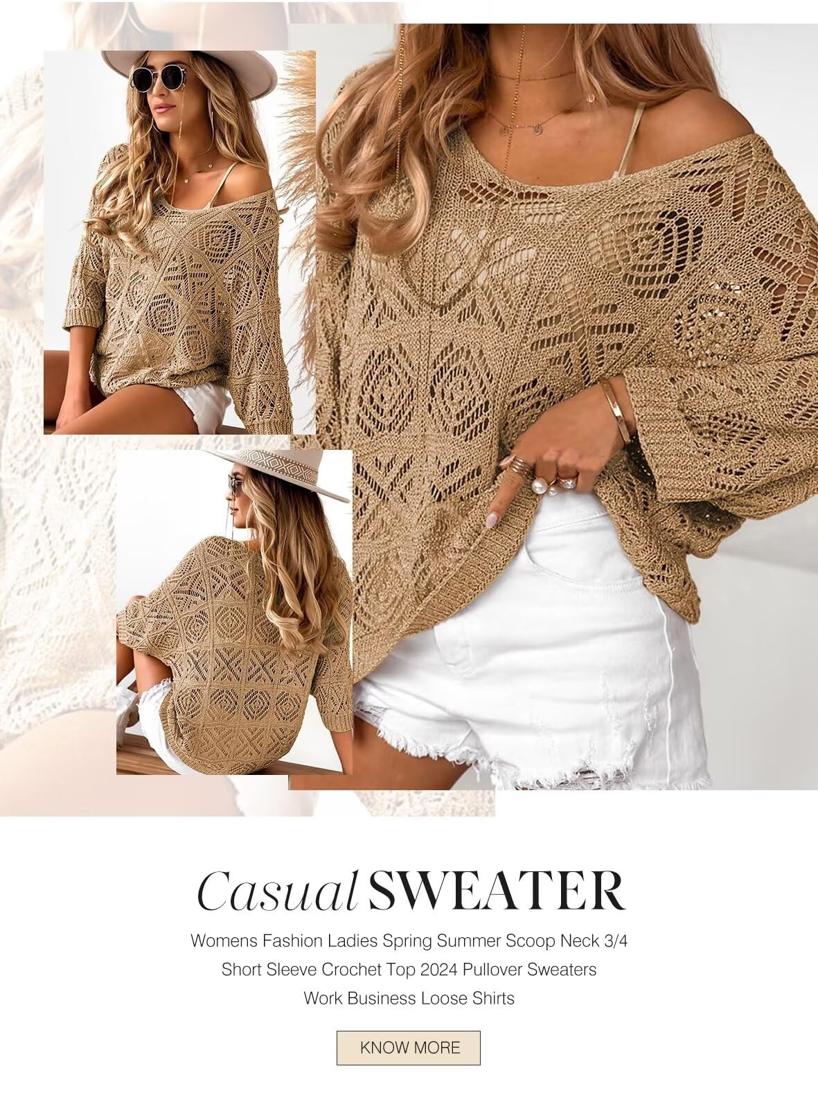 Women's 2025 Spring Summer Crochet Hollow Out 3/4 Sleeve Pullover Sweater Off Shoulder T-Shirts