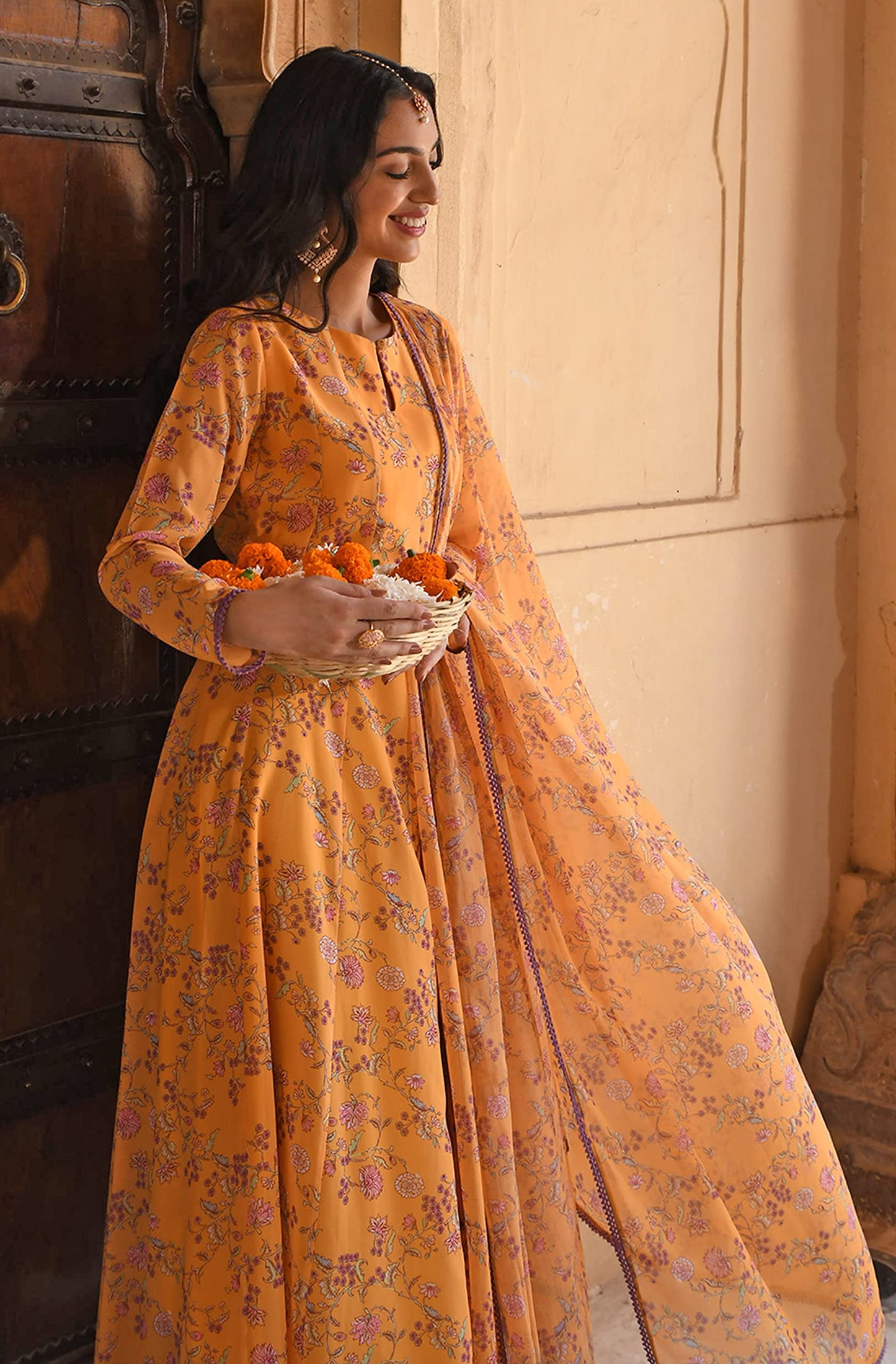 Yellow Flowy Printed Kurti Festive Evening wear Kurta Set with Dupatta