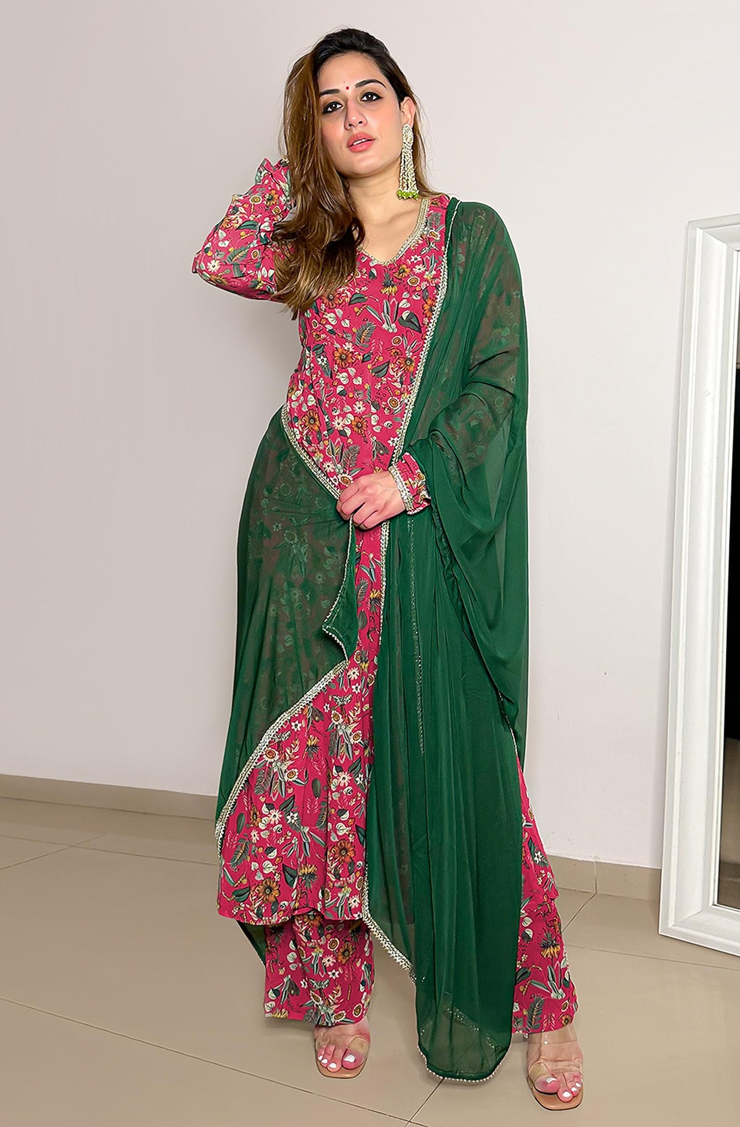 Flowy Floral Printed Kurti Festive Wedding Party wear KurtI with Pant and Dupatta Pink