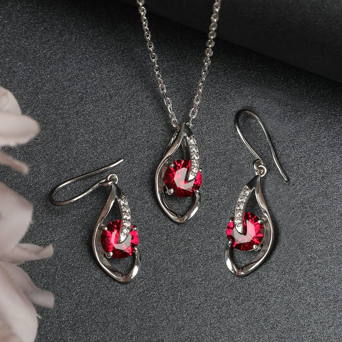 Sterling Silver Blood Red Eye Pendant Earring Chain Jewellery Set | Rhodium Plated, Swiss Zirconia