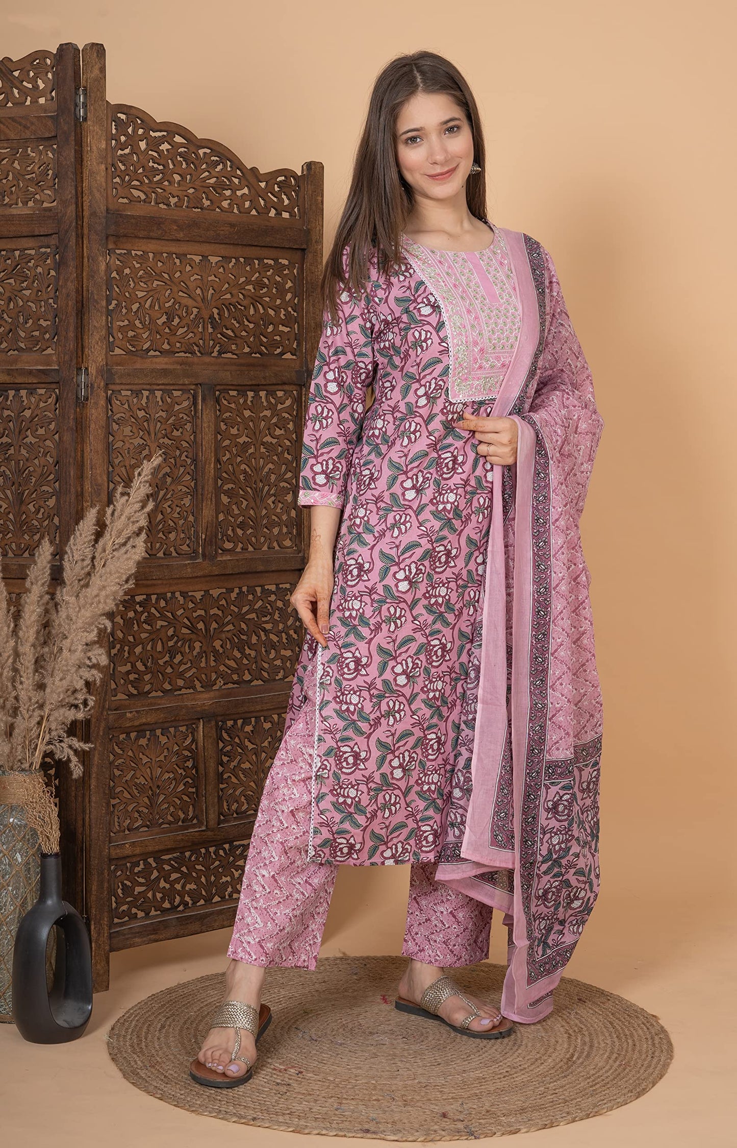 Cotton Printed Dark Printed Straight Embroidery Kurta With Palazzo & Dupatta