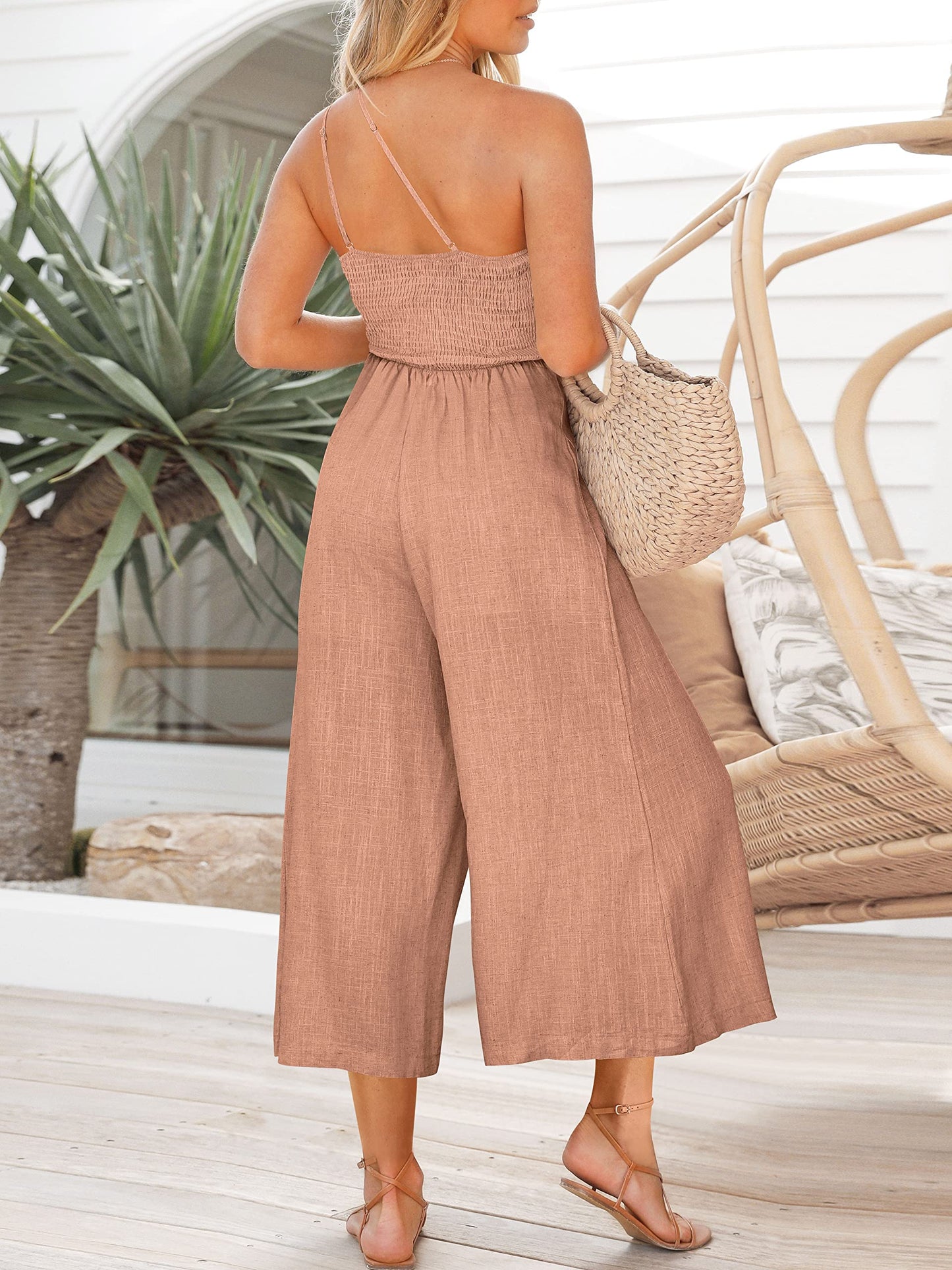 Straps One Shoulder Smocked Pleated Waist Casual Wide Leg Jumpsuit Romper with Pockets